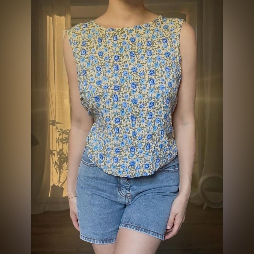 Vintage 90s ANALOGY Blue Rose Crinkle Tank